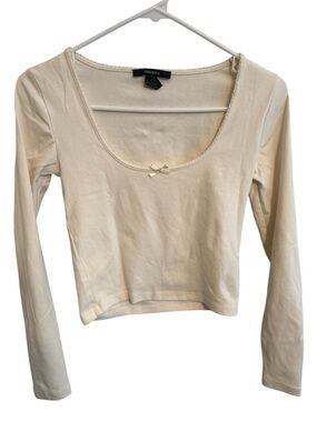 Forever 21 Cream Scoop Neck Long Sleeve Top with Bow